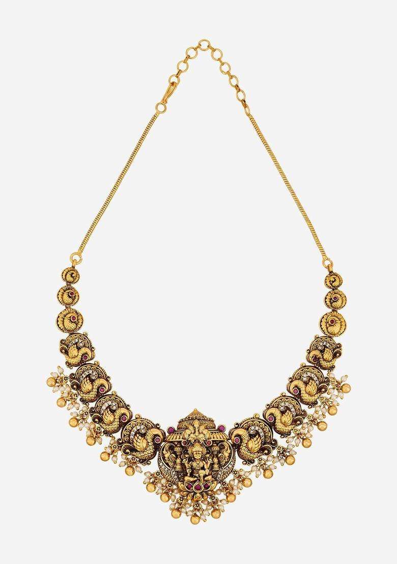 Gold-Plated Temple Stone Studded & Beaded Necklace Earrings Set for Women | Traditional Temple Jewellery for Wedding & Festive Wear | Gift for Her - Indya