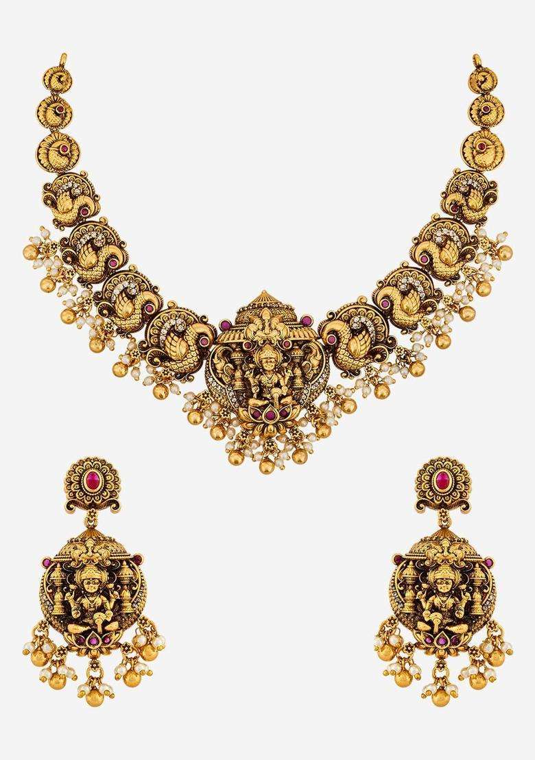 Gold-Plated Temple Stone Studded & Beaded Necklace Earrings Set for Women | Traditional Temple Jewellery for Wedding & Festive Wear | Gift for Her - Indya