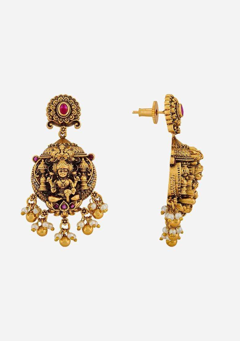 Gold-Plated Temple Stone Studded & Beaded Necklace Earrings Set for Women | Traditional Temple Jewellery for Wedding & Festive Wear | Gift for Her - Indya