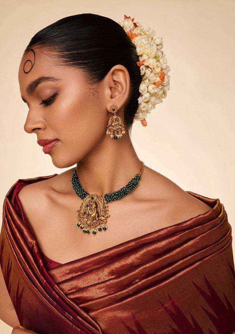 Gold-Plated Temple Stone Studded & Beaded Necklace Earrings Set for Women | Traditional Temple Jewellery for Wedding & Festive Wear | Gift for Her - Indya