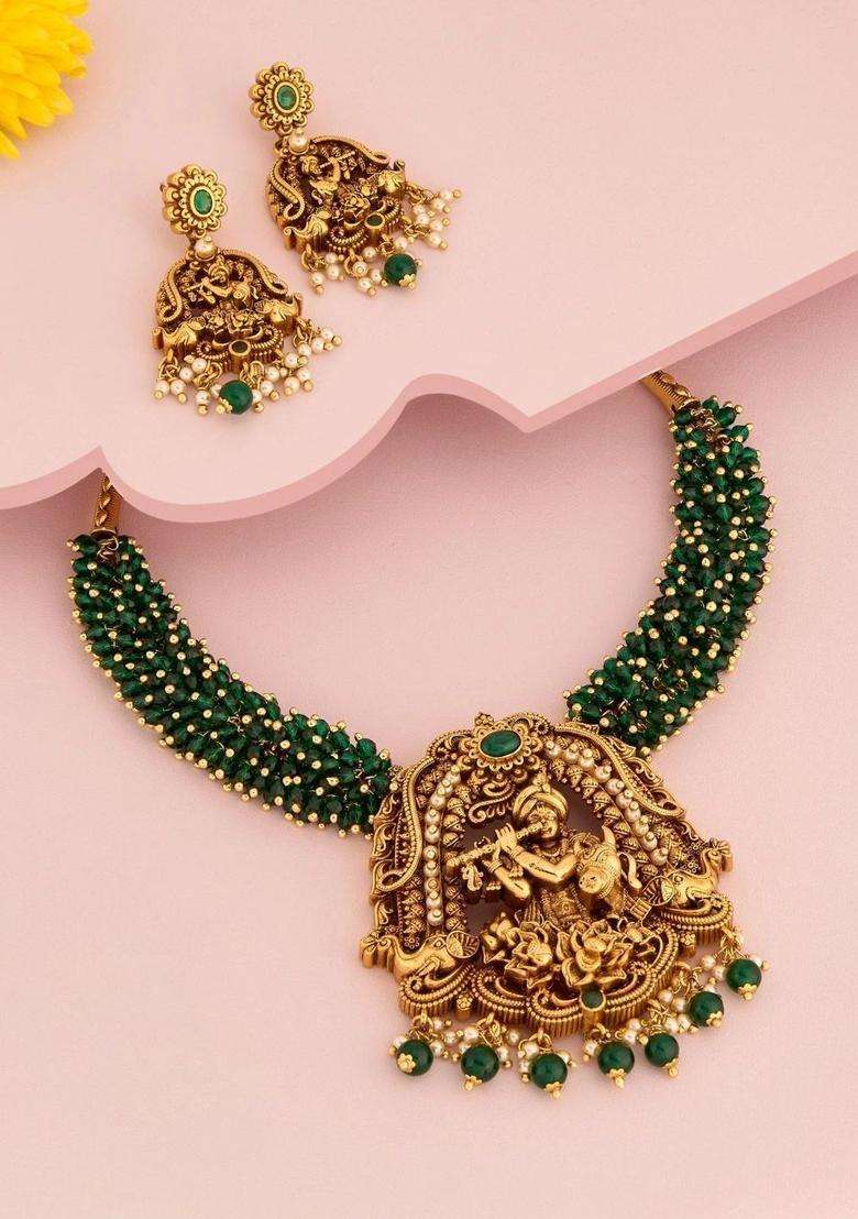 Gold-Plated Temple Stone Studded & Beaded Necklace Earrings Set for Women | Traditional Temple Jewellery for Wedding & Festive Wear | Gift for Her - Indya