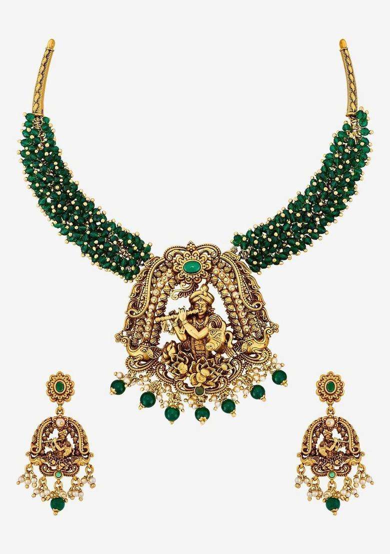 Gold-Plated Temple Stone Studded & Beaded Necklace Earrings Set for Women | Traditional Temple Jewellery for Wedding & Festive Wear | Gift for Her - Indya