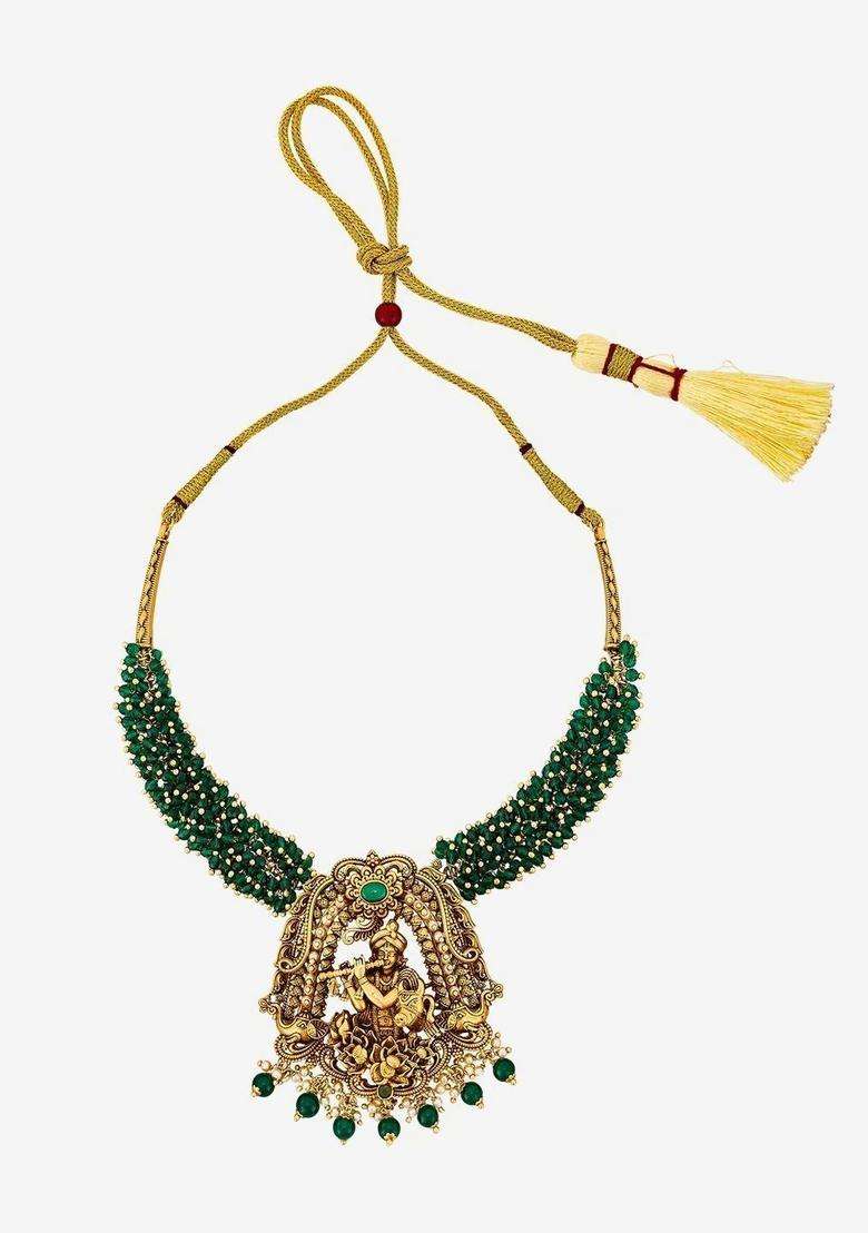 Gold-Plated Temple Stone Studded & Beaded Necklace Earrings Set for Women | Traditional Temple Jewellery for Wedding & Festive Wear | Gift for Her - Indya