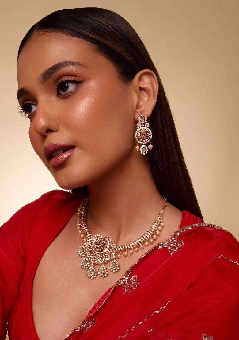 Gold-Plated Temple Cubic Zirconia Necklace and Earrings for Women | Traditional Temple Jewellery for Wedding & Festive Wear | Gift for Her - Indya