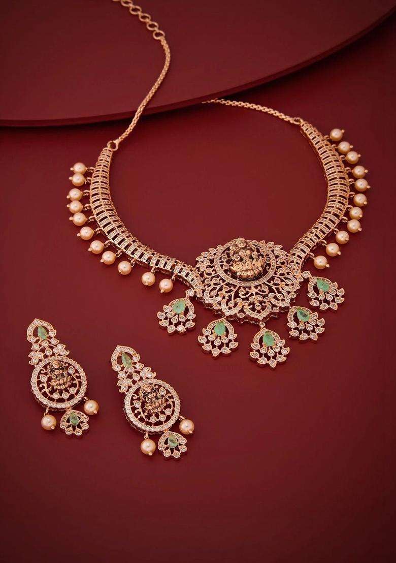 Gold-Plated Temple Cubic Zirconia Necklace and Earrings for Women | Traditional Temple Jewellery for Wedding & Festive Wear | Gift for Her - Indya