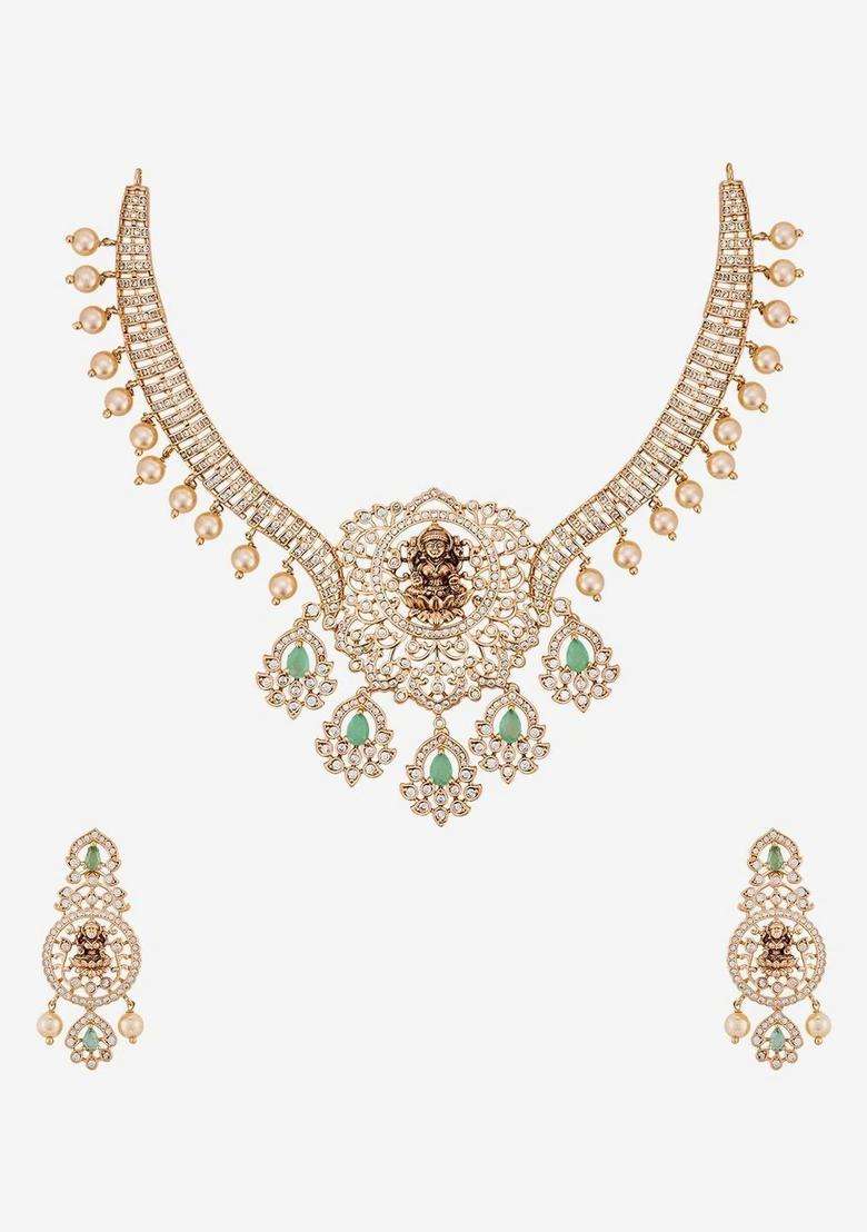 Gold-Plated Temple Cubic Zirconia Necklace and Earrings for Women | Traditional Temple Jewellery for Wedding & Festive Wear | Gift for Her - Indya