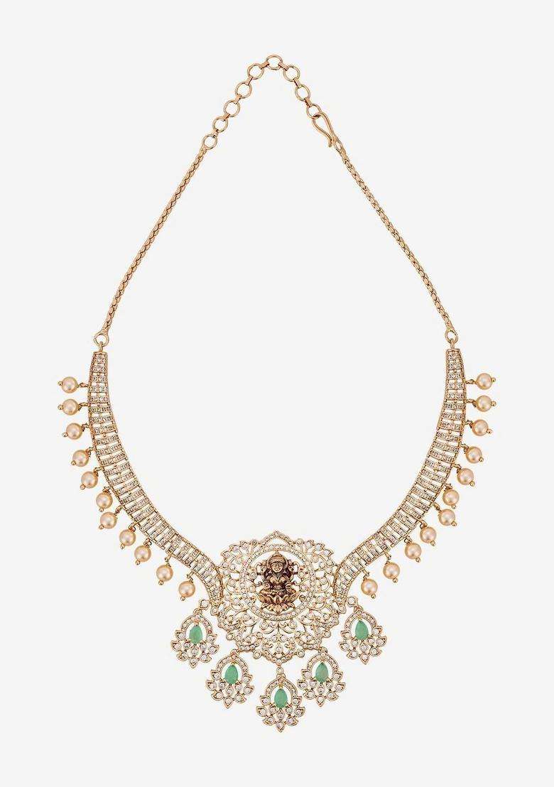 Gold-Plated Temple Cubic Zirconia Necklace and Earrings for Women | Traditional Temple Jewellery for Wedding & Festive Wear | Gift for Her - Indya