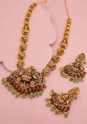 Gold-Plated Temple Stone Studded & Beaded Necklace Earrings Set for Women | Traditional Temple Jewellery for Wedding & Festive Wear | Gift for Her