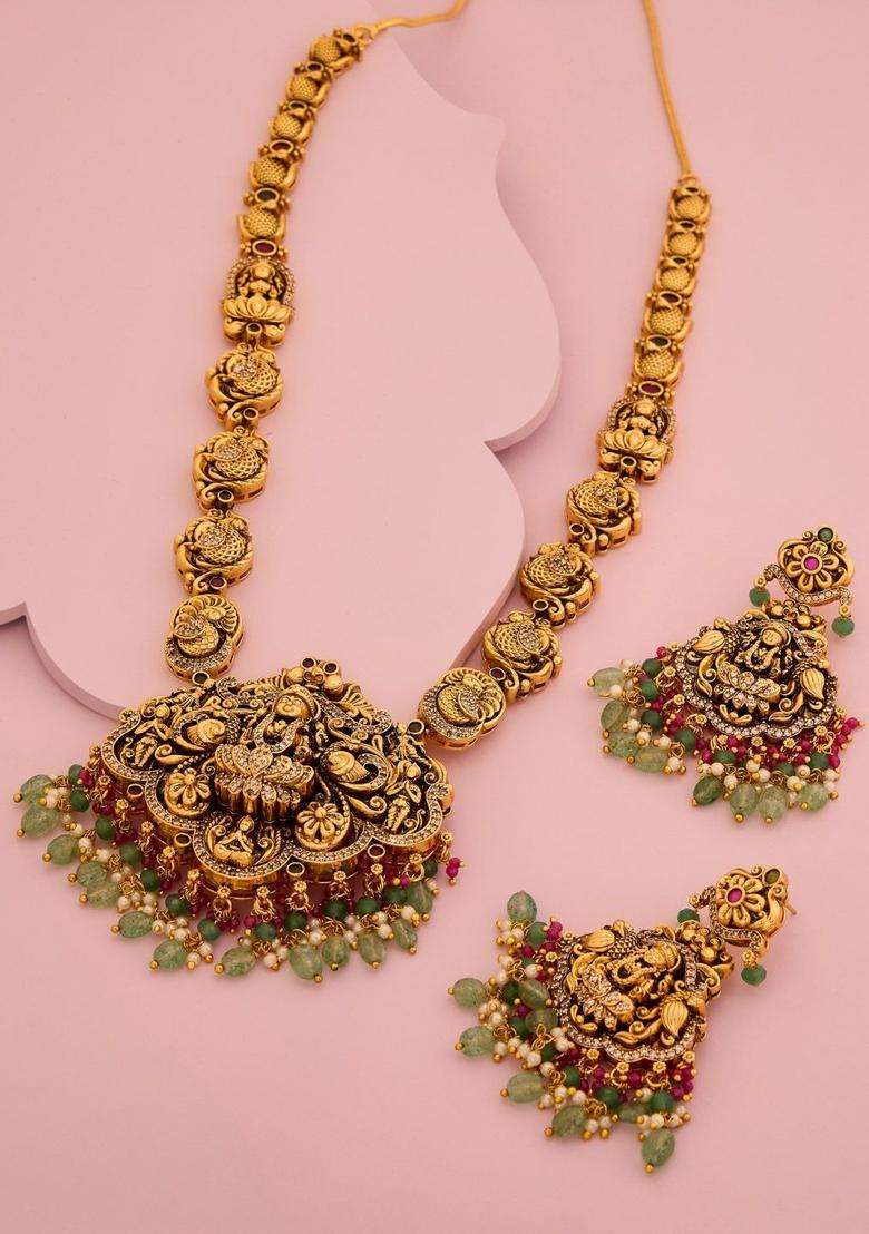 Gold-Plated Temple Stone Studded & Beaded Necklace Earrings Set for Women | Traditional Temple Jewellery for Wedding & Festive Wear | Gift for Her - Indya