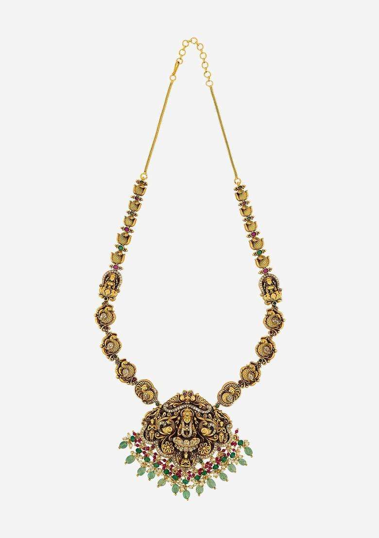 Gold-Plated Temple Stone Studded & Beaded Necklace Earrings Set for Women | Traditional Temple Jewellery for Wedding & Festive Wear | Gift for Her - Indya