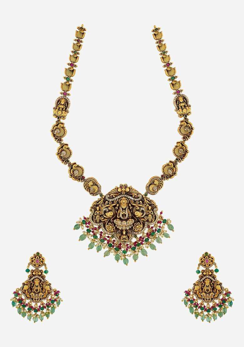 Gold-Plated Temple Stone Studded & Beaded Necklace Earrings Set for Women | Traditional Temple Jewellery for Wedding & Festive Wear | Gift for Her - Indya