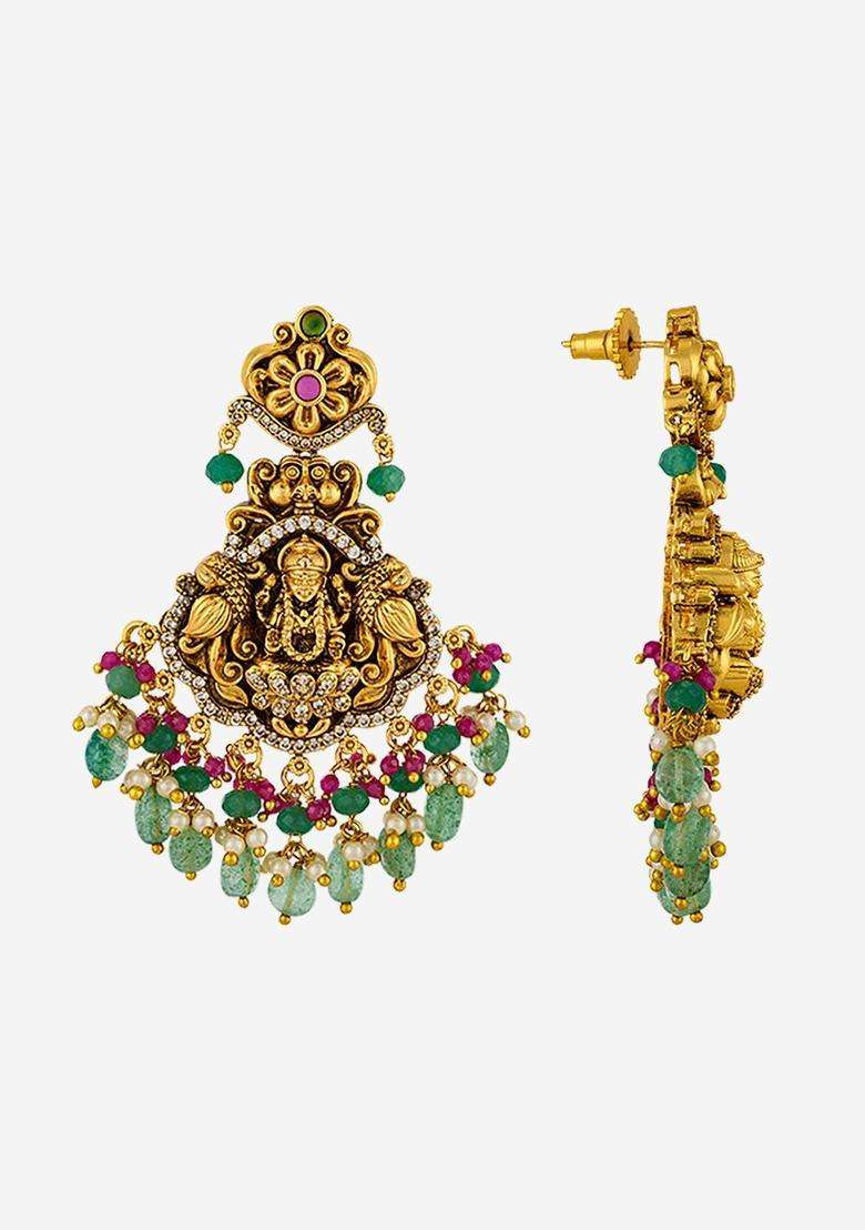 Gold-Plated Temple Stone Studded & Beaded Necklace Earrings Set for Women | Traditional Temple Jewellery for Wedding & Festive Wear | Gift for Her - Indya