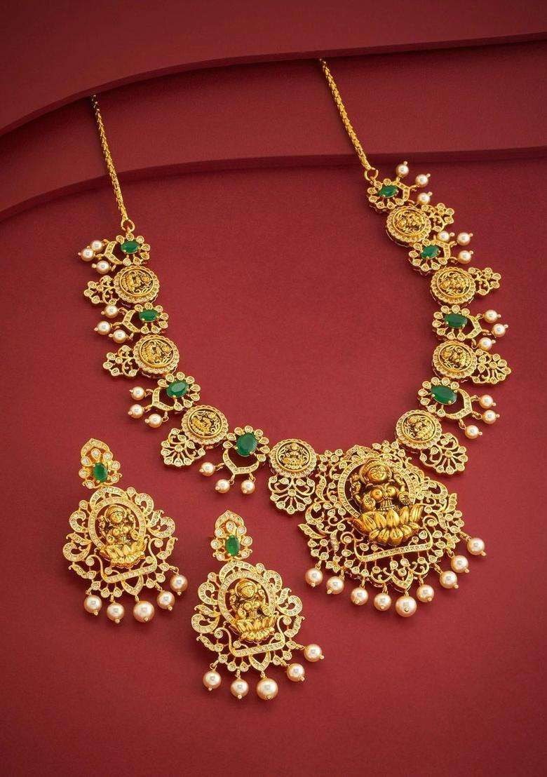 Gold-Plated Temple Cubic Zirconia Necklace and Earrings for Women | Traditional Temple Jewellery for Wedding & Festive Wear | Gift for Her - Indya