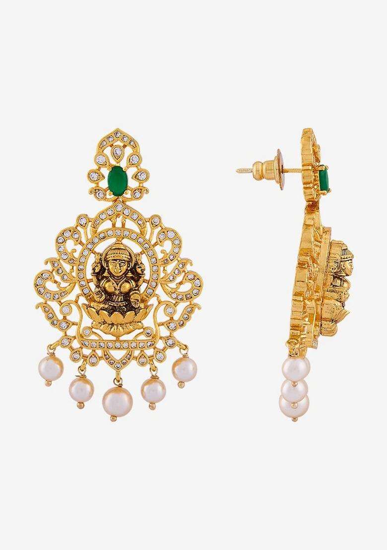 Gold-Plated Temple Cubic Zirconia Necklace and Earrings for Women | Traditional Temple Jewellery for Wedding & Festive Wear | Gift for Her - Indya