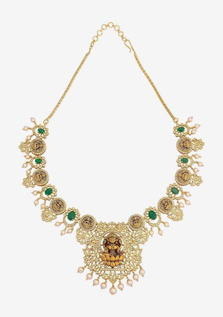 Gold-Plated Temple Cubic Zirconia Necklace and Earrings for Women | Traditional Temple Jewellery for Wedding & Festive Wear | Gift for Her - Indya