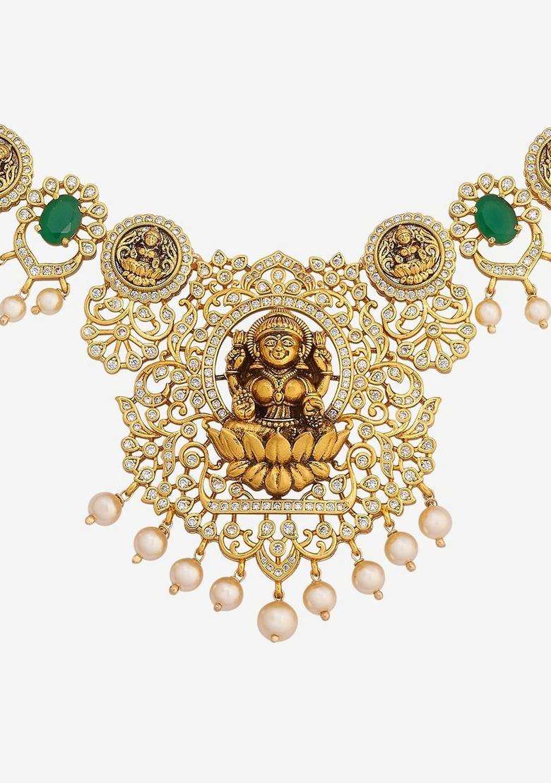 Gold-Plated Temple Cubic Zirconia Necklace and Earrings for Women | Traditional Temple Jewellery for Wedding & Festive Wear | Gift for Her - Indya