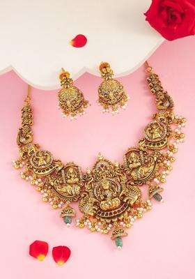 Gold-Plated Artificial Studded & Beaded Necklace Earrings Set for Women | Traditional Temple Jewellery for Wedding & Festive Wear | Gift for Her
