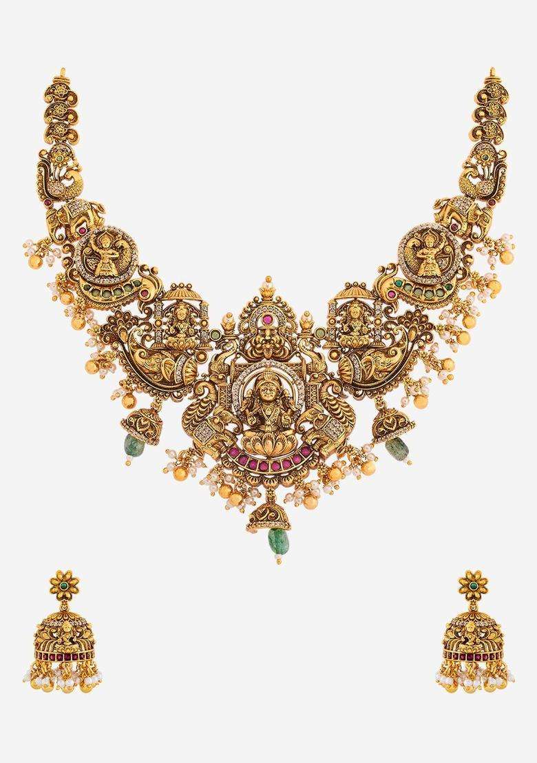 Gold-Plated Artificial Studded & Beaded Necklace Earrings Set for Women | Traditional Temple Jewellery for Wedding & Festive Wear | Gift for Her - Indya