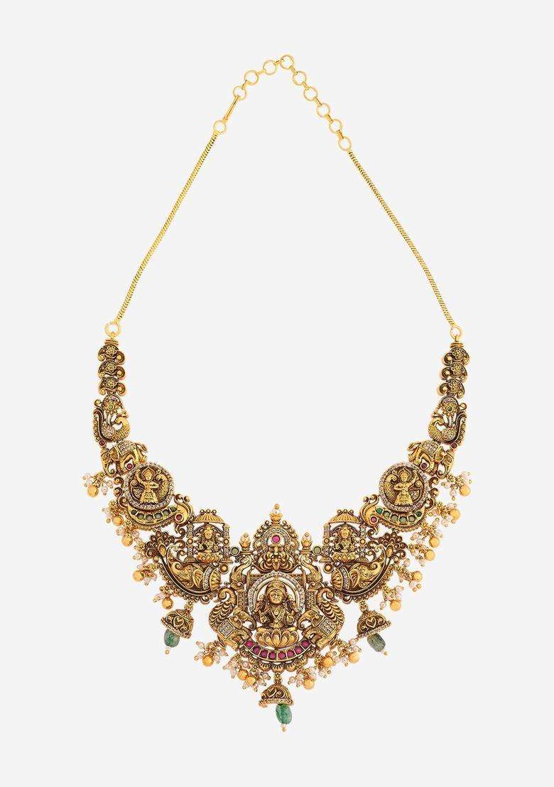 Gold-Plated Artificial Studded & Beaded Necklace Earrings Set for Women | Traditional Temple Jewellery for Wedding & Festive Wear | Gift for Her - Indya