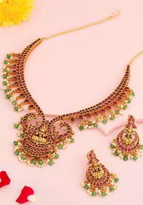 Gold-Plated Temple Stone Studded & Beaded Necklace Earrings Set for Women | Traditional Temple Jewellery for Wedding & Festive Wear | Gift for Her