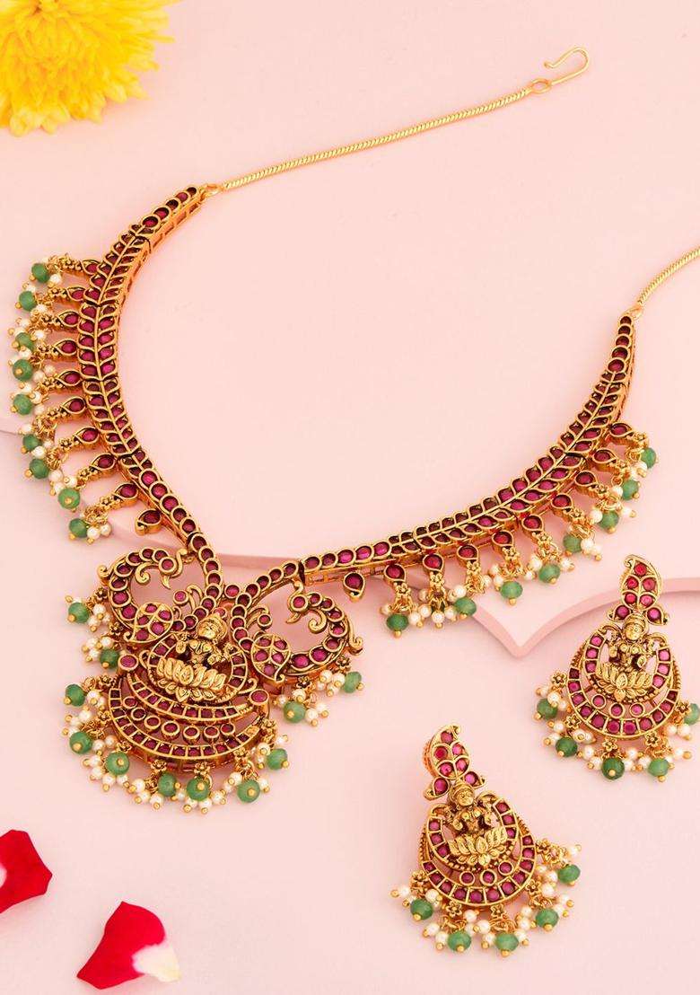 Gold-Plated Temple Stone Studded & Beaded Necklace Earrings Set for Women | Traditional Temple Jewellery for Wedding & Festive Wear | Gift for Her - Indya