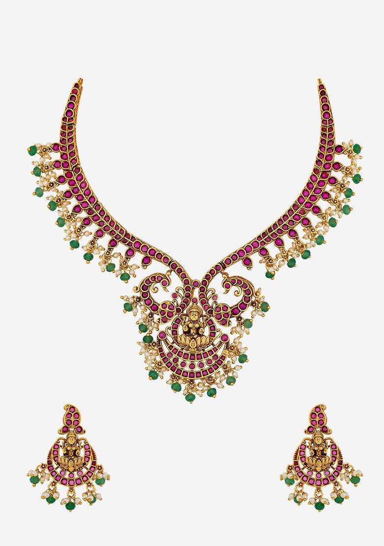 Gold-Plated Temple Stone Studded & Beaded Necklace Earrings Set for Women | Traditional Temple Jewellery for Wedding & Festive Wear | Gift for Her - Indya
