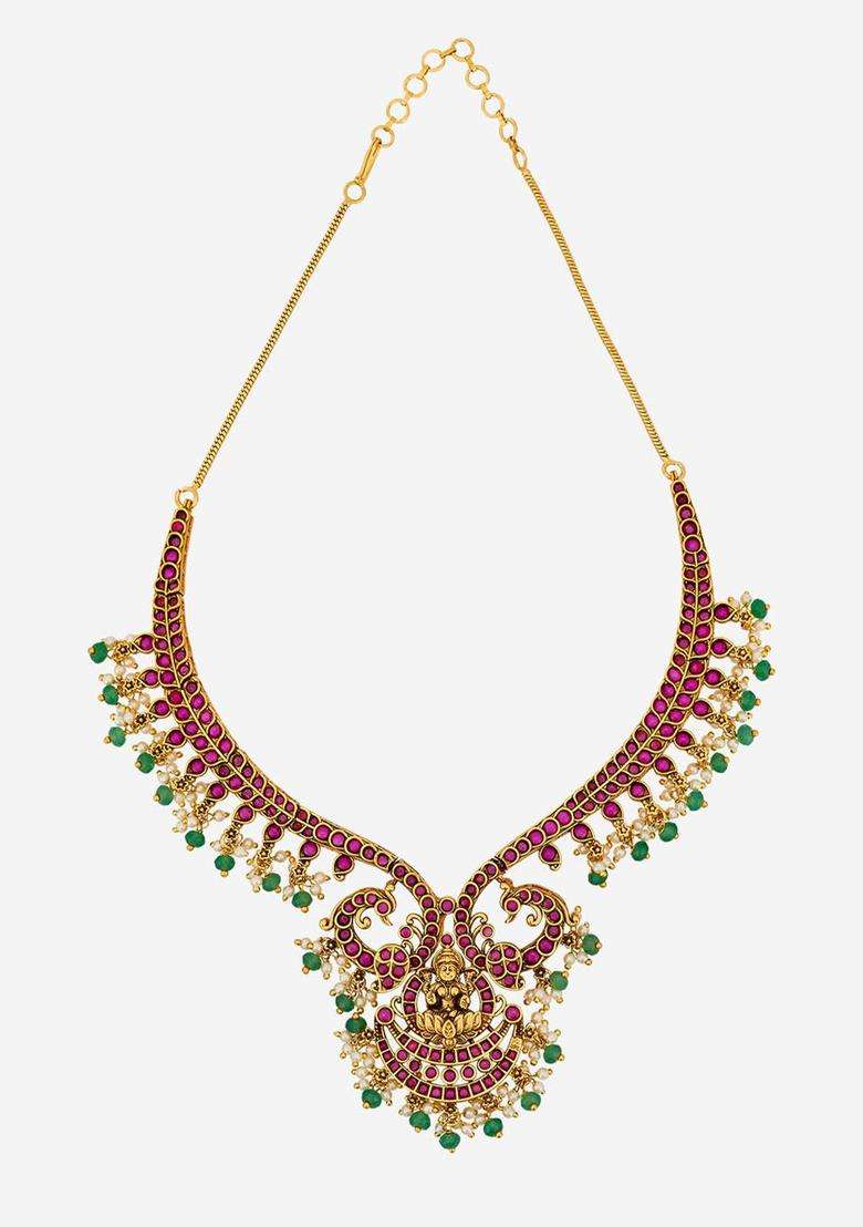 Gold-Plated Temple Stone Studded & Beaded Necklace Earrings Set for Women | Traditional Temple Jewellery for Wedding & Festive Wear | Gift for Her - Indya