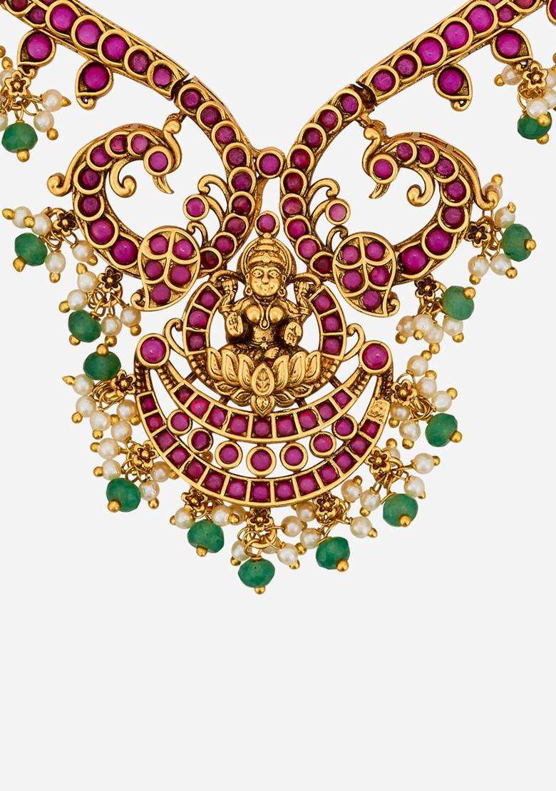 Gold-Plated Temple Stone Studded & Beaded Necklace Earrings Set for Women | Traditional Temple Jewellery for Wedding & Festive Wear | Gift for Her - Indya