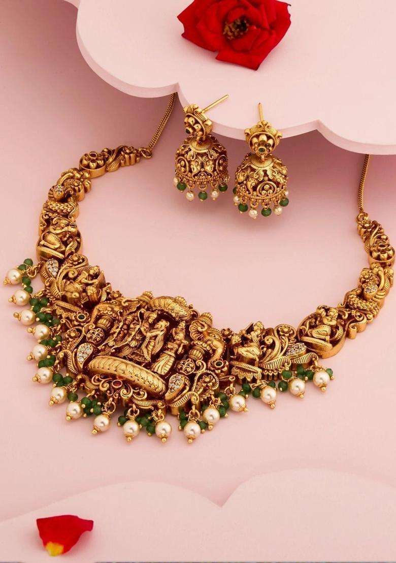 Gold-Plated Temple Stone-Studded Necklace and Earrings for Women | Traditional Temple Jewellery for Wedding & Festive Wear | Gift for Her - Indya