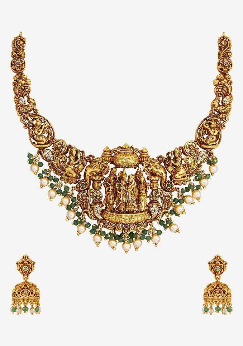 Gold-Plated Temple Stone-Studded Necklace and Earrings for Women | Traditional Temple Jewellery for Wedding & Festive Wear | Gift for Her - Indya