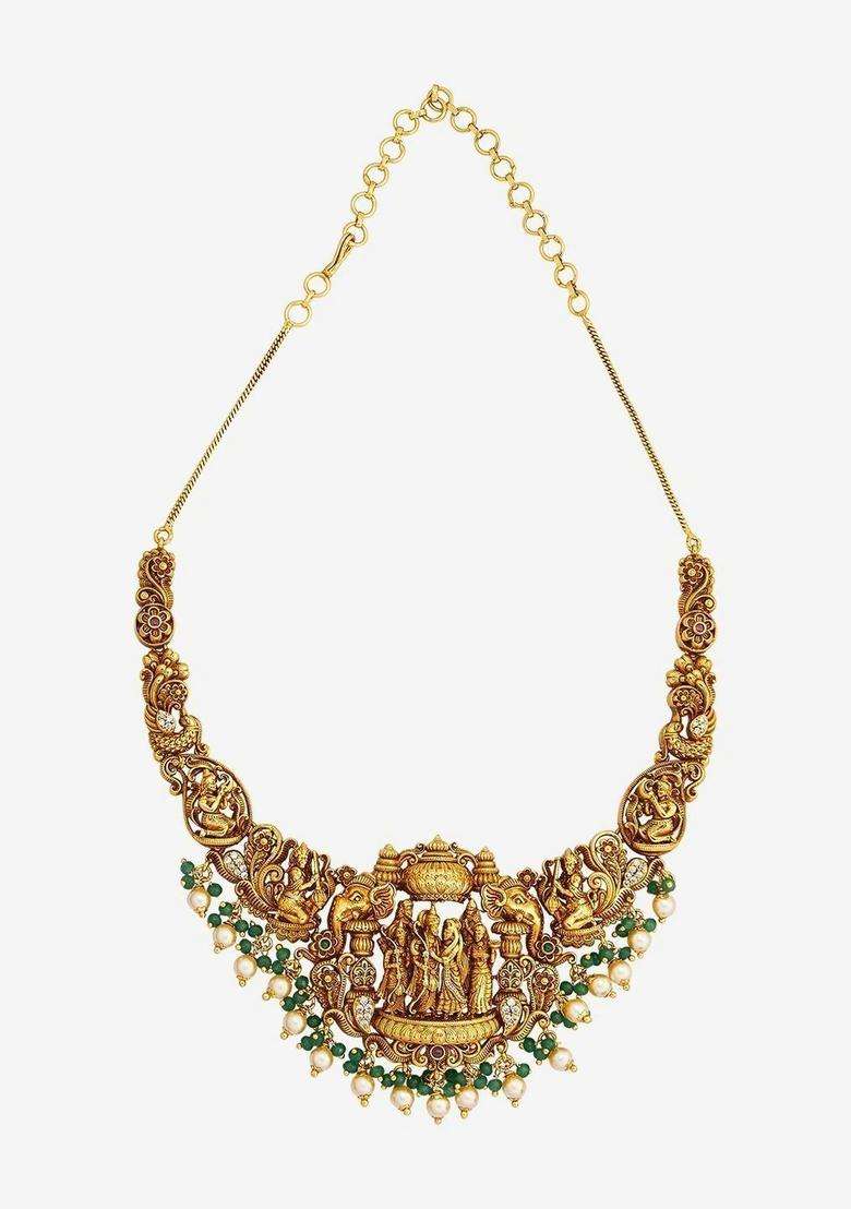 Gold-Plated Temple Stone-Studded Necklace and Earrings for Women | Traditional Temple Jewellery for Wedding & Festive Wear | Gift for Her - Indya