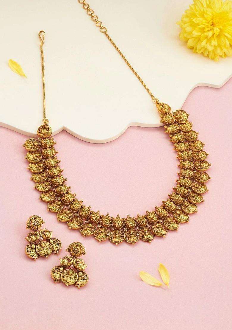 Gold-Plated Temple Stone-Studded Necklace and Earrings for Women | Traditional Temple Jewellery for Wedding & Festive Wear | Gift for Her - Indya