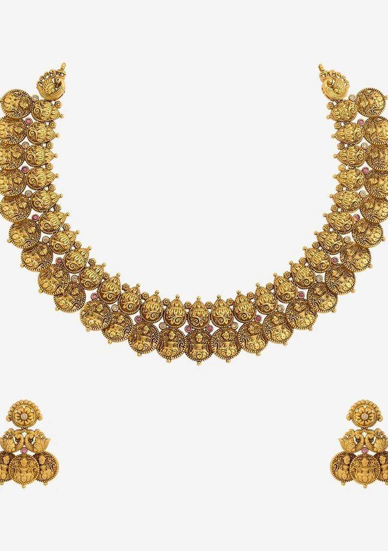 Gold-Plated Temple Stone-Studded Necklace and Earrings for Women | Traditional Temple Jewellery for Wedding & Festive Wear | Gift for Her - Indya