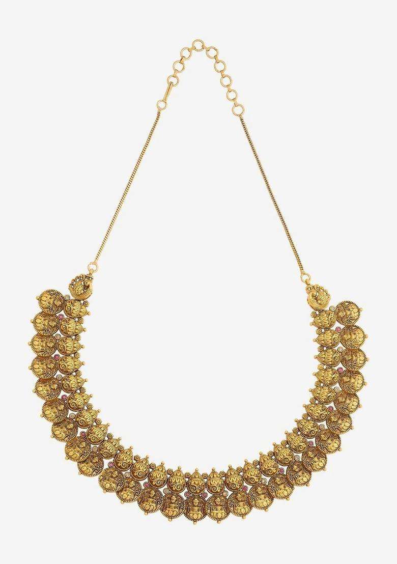 Gold-Plated Temple Stone-Studded Necklace and Earrings for Women | Traditional Temple Jewellery for Wedding & Festive Wear | Gift for Her - Indya