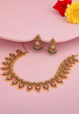 Gold-Plated Temple Stone-Studded Necklace and Earrings for Women | Traditional Temple Jewellery for Wedding & Festive Wear | Gift for Her