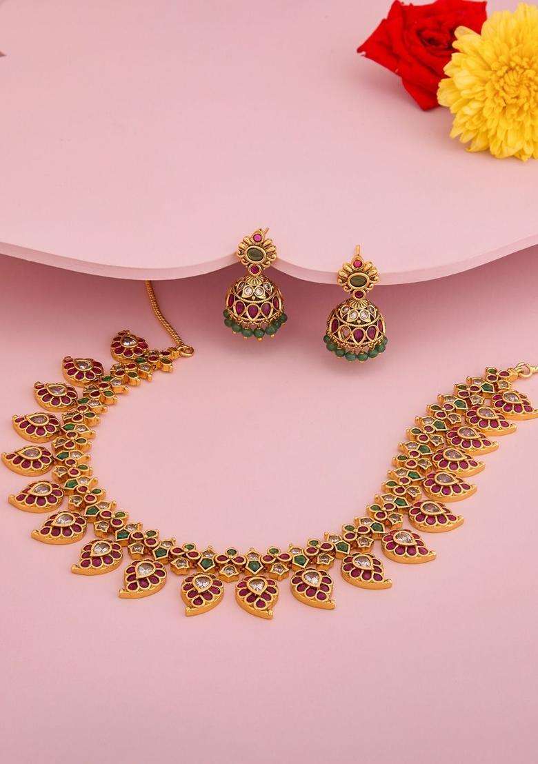Gold-Plated Temple Stone-Studded Necklace and Earrings for Women | Traditional Temple Jewellery for Wedding & Festive Wear | Gift for Her - Indya