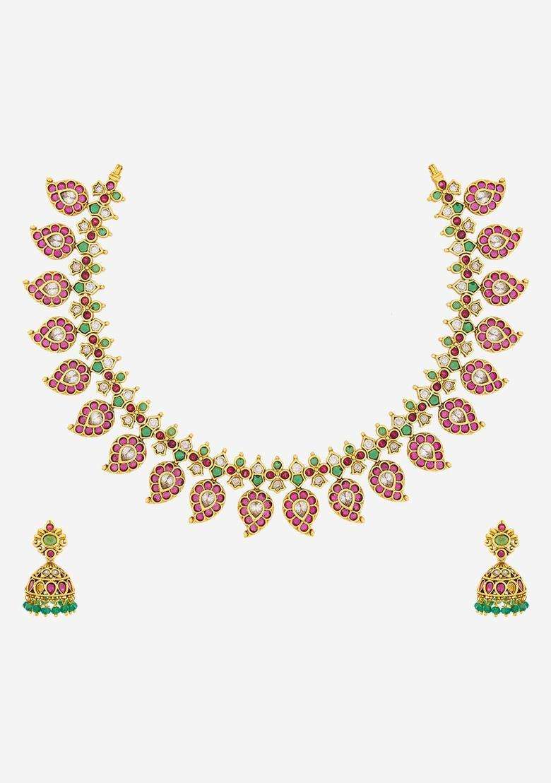 Gold-Plated Temple Stone-Studded Necklace and Earrings for Women | Traditional Temple Jewellery for Wedding & Festive Wear | Gift for Her - Indya