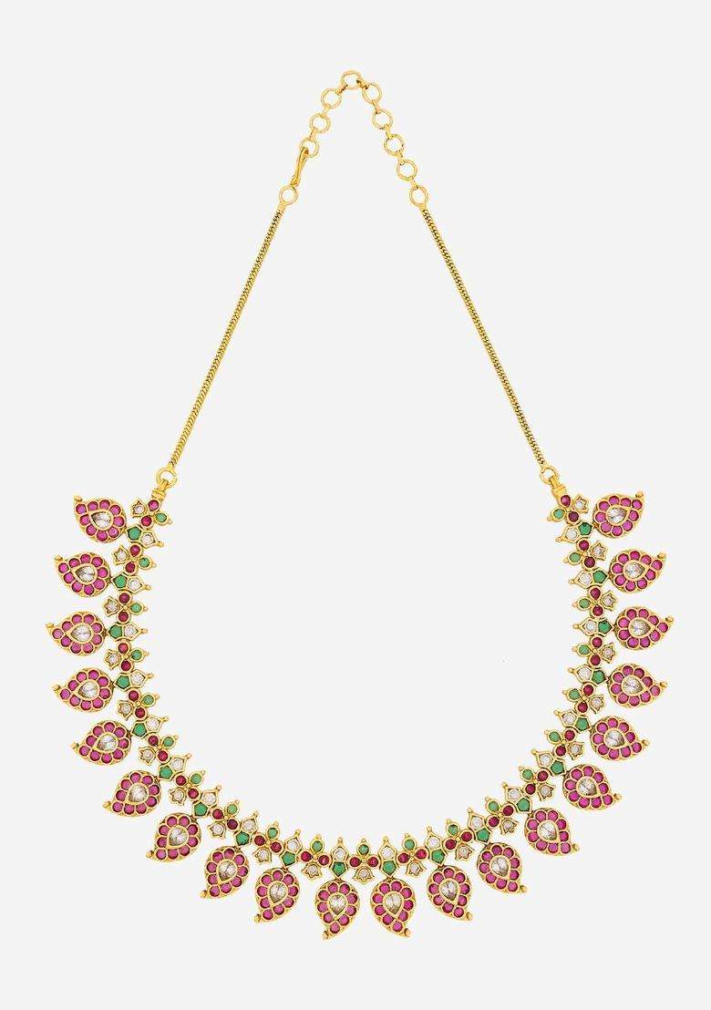 Gold-Plated Temple Stone-Studded Necklace and Earrings for Women | Traditional Temple Jewellery for Wedding & Festive Wear | Gift for Her - Indya