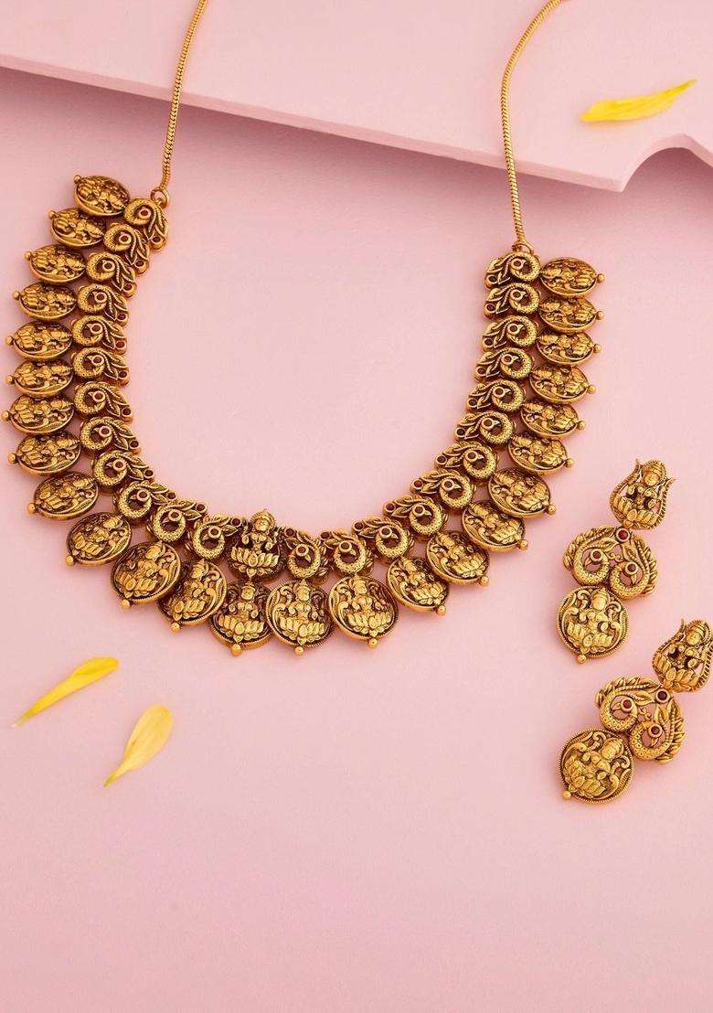 Gold-Plated Temple Stone-Studded Necklace and Earrings for Women | Traditional Temple Jewellery for Wedding & Festive Wear | Gift for Her - Indya