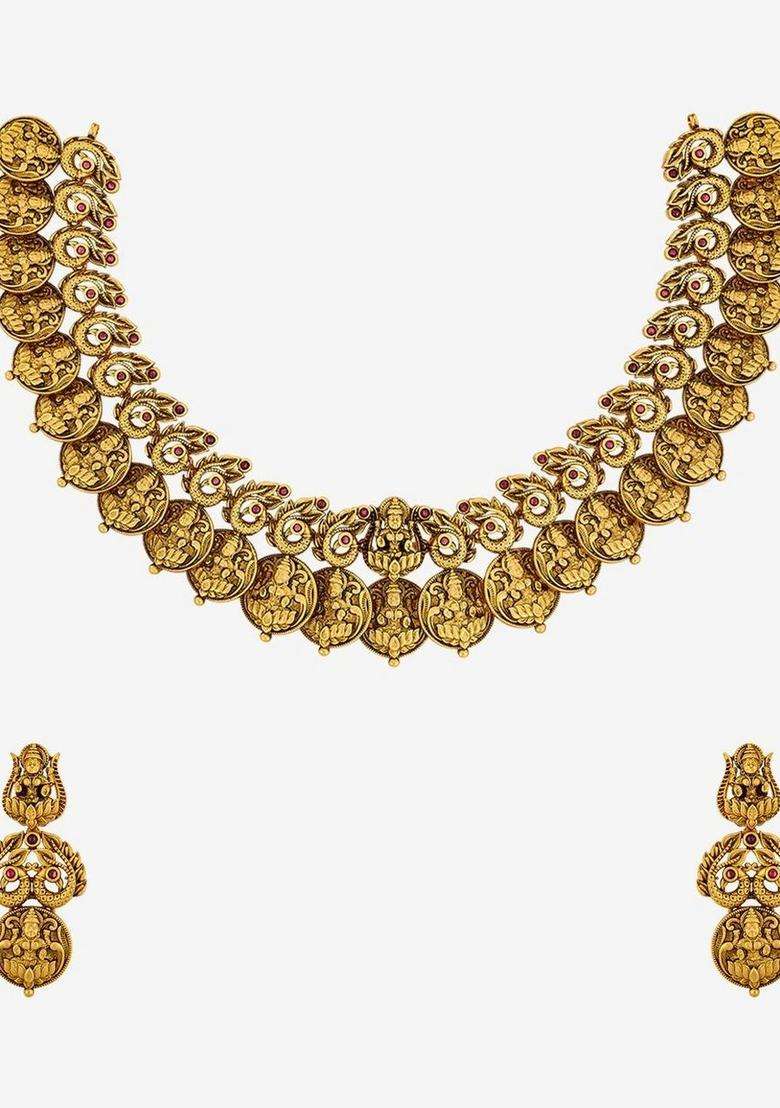 Gold-Plated Temple Stone-Studded Necklace and Earrings for Women | Traditional Temple Jewellery for Wedding & Festive Wear | Gift for Her - Indya
