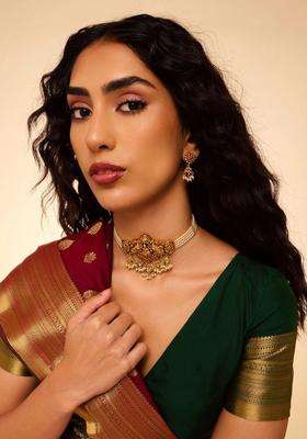 Gold-Plated Temple Cubic Zirconia Necklace and Earrings for Women | Traditional Temple Jewellery for Wedding & Festive Wear | Gift for Her