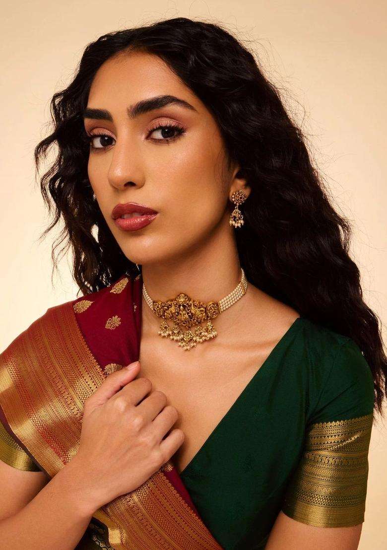 Gold-Plated Temple Cubic Zirconia Necklace and Earrings for Women | Traditional Temple Jewellery for Wedding & Festive Wear | Gift for Her - Indya