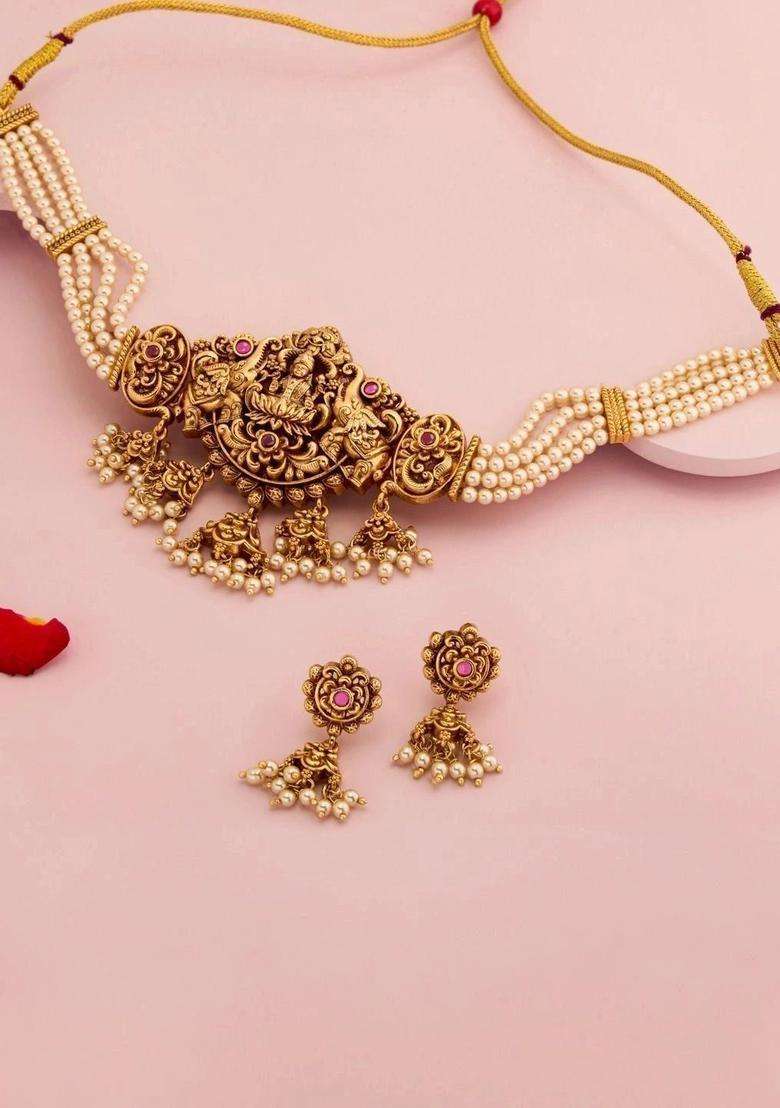 Gold-Plated Temple Cubic Zirconia Necklace and Earrings for Women | Traditional Temple Jewellery for Wedding & Festive Wear | Gift for Her - Indya