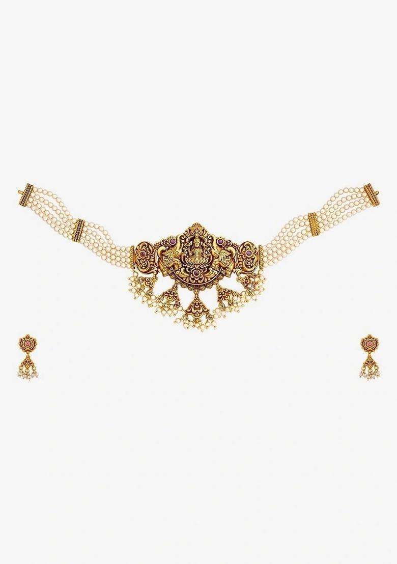 Gold-Plated Temple Cubic Zirconia Necklace and Earrings for Women | Traditional Temple Jewellery for Wedding & Festive Wear | Gift for Her - Indya