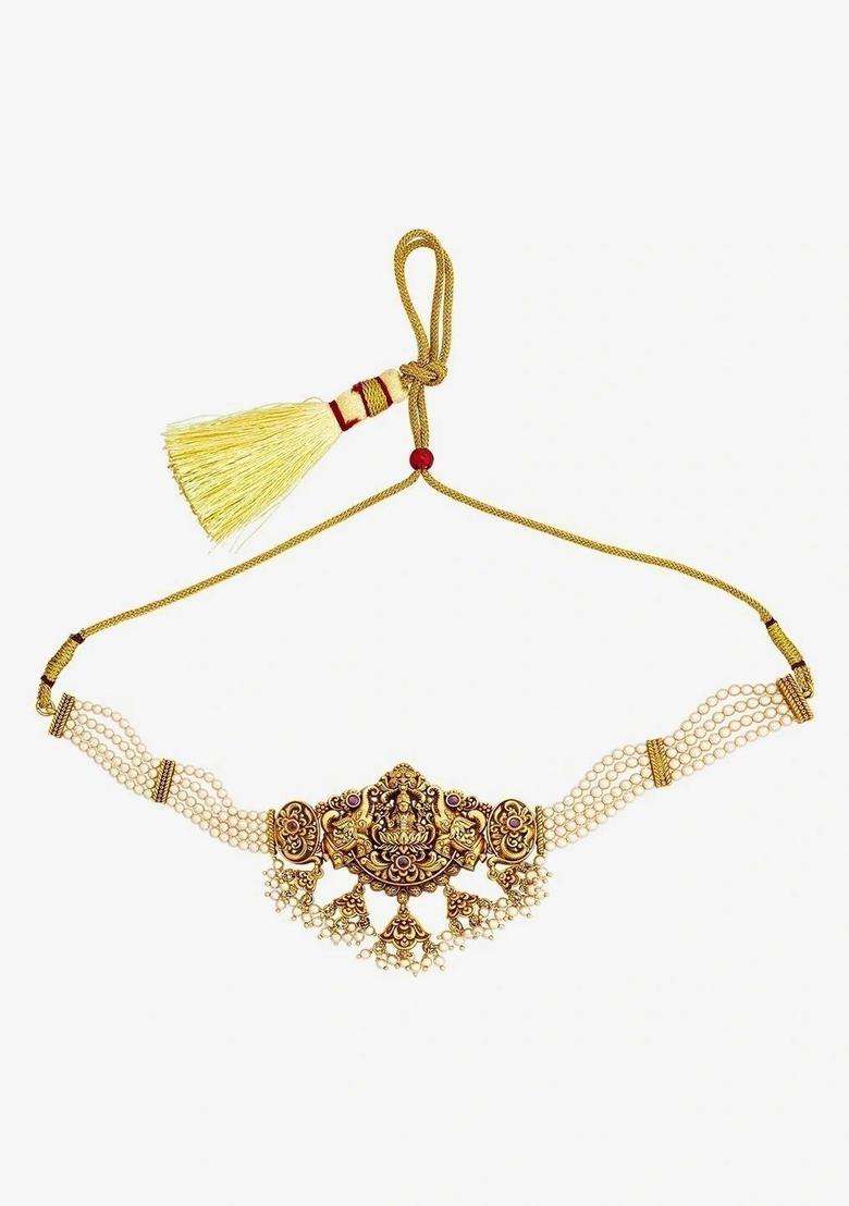 Gold-Plated Temple Cubic Zirconia Necklace and Earrings for Women | Traditional Temple Jewellery for Wedding & Festive Wear | Gift for Her - Indya