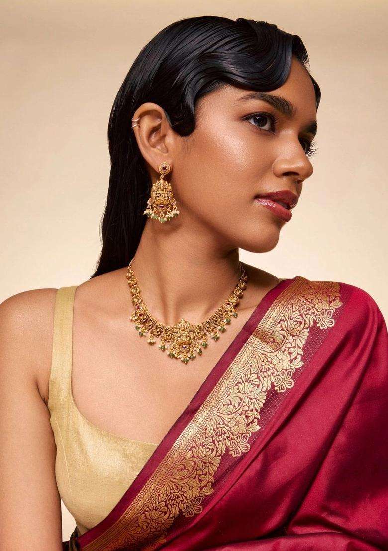 Gold-Plated Temple Stone Studded & Beaded Necklace Earrings Set for Women | Traditional Temple Jewellery for Wedding & Festive Wear | Gift for Her - Indya
