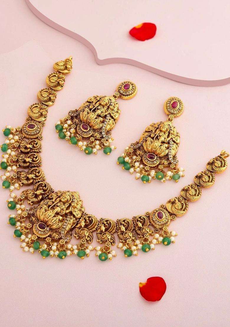 Gold-Plated Temple Stone Studded & Beaded Necklace Earrings Set for Women | Traditional Temple Jewellery for Wedding & Festive Wear | Gift for Her - Indya