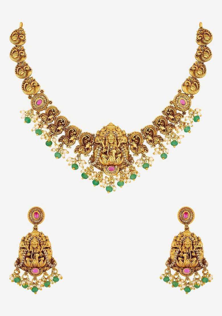 Gold-Plated Temple Stone Studded & Beaded Necklace Earrings Set for Women | Traditional Temple Jewellery for Wedding & Festive Wear | Gift for Her - Indya
