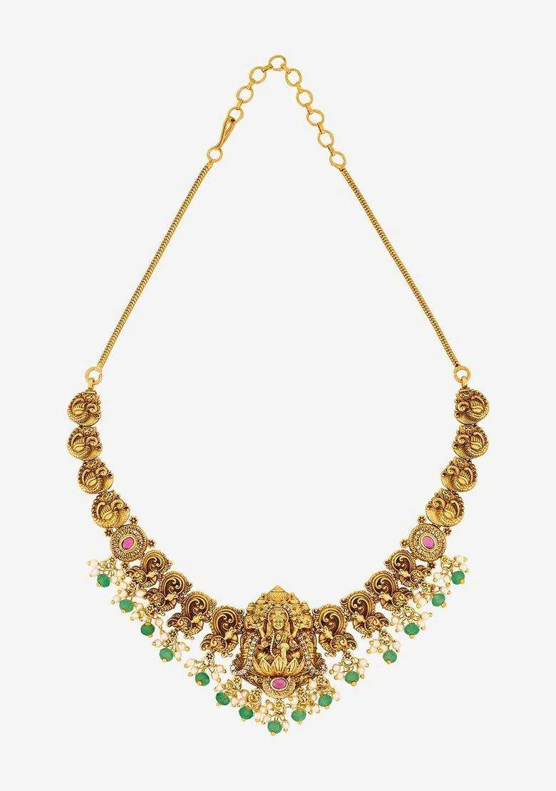 Gold-Plated Temple Stone Studded & Beaded Necklace Earrings Set for Women | Traditional Temple Jewellery for Wedding & Festive Wear | Gift for Her - Indya