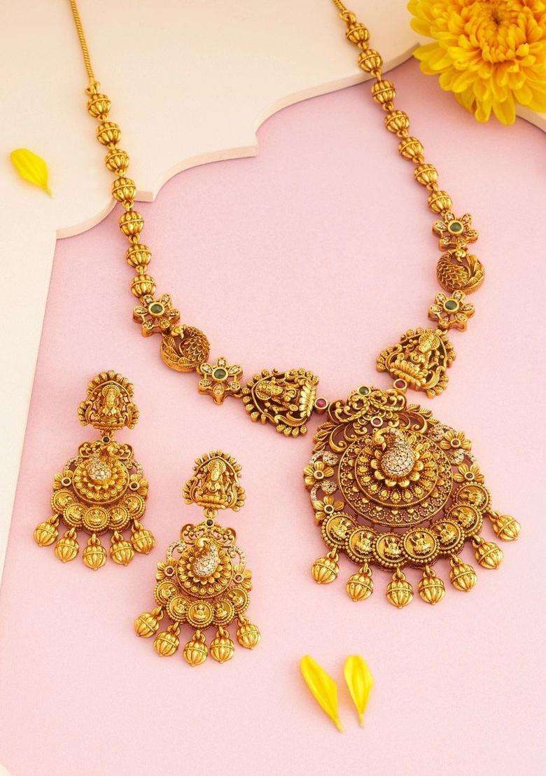 Gold-Plated Temple Stone-Studded Necklace and Earrings for Women | Traditional Temple Jewellery for Wedding & Festive Wear | Gift for Her - Indya